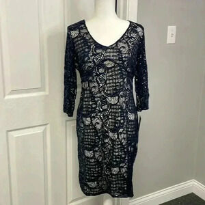 MARINA Navy Blue Open Back Lace Sequined Dress Womens Size 12 NWT
